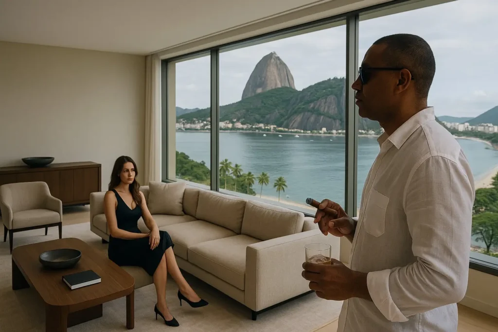 Homem em pé, de óculos escuros e camisa branca, fumando um charuto e segurando um copo de uísque, com o Pão de Açúcar visível pela janela. Mulher de vestido preto sentada no sofá, observando-o.