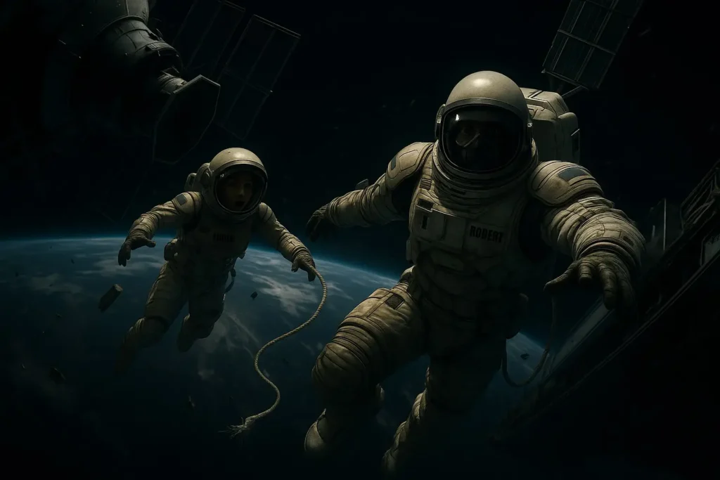 Astronauta em trajetória espacial branco flutua à deriva no espaço, com o planeta Terra majestosamente visível ao fundo. O traje do astronauta apresenta um dano visível no braço esquerdo, transmitindo uma sensação de perigo e isolamento.