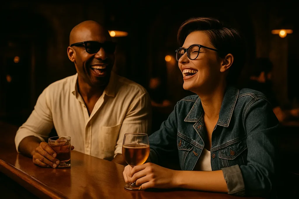 Casal se conhecendo em um bar noturno em Paris durante o ano 2000, rindo e bebendo juntos.