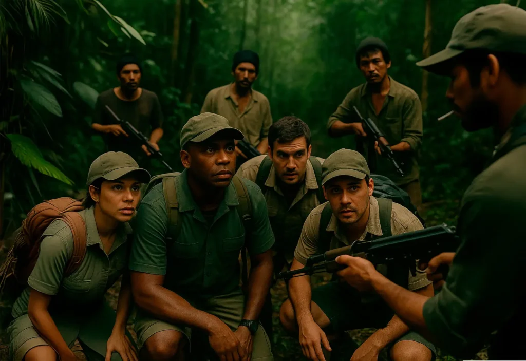 Sargentos brasileiros rendidos por bandidos armados no meio da selva tailandesa durante uma emboscada.