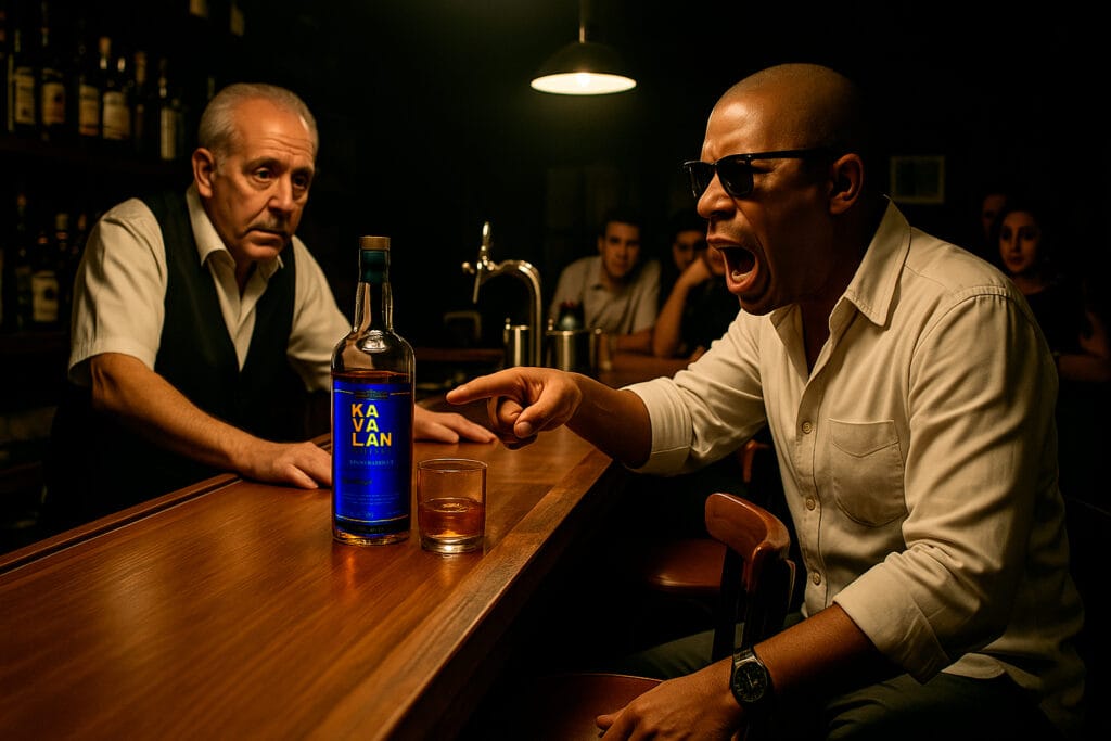 Homem negro de meia-idade, Robert, exaltado em um bar, gesticulando em direção a um homem mais velho e uma garrafa de whisky Kavalan sobre o balcão.