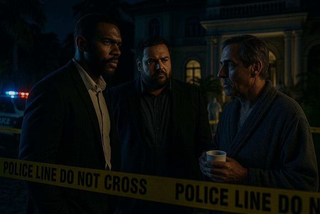 Detetive Robert e seu parceiro interrogam um vizinho em frente a uma mansão no Jardim Botânico, com fita de isolamento policial e luzes de viatura ao fundo.