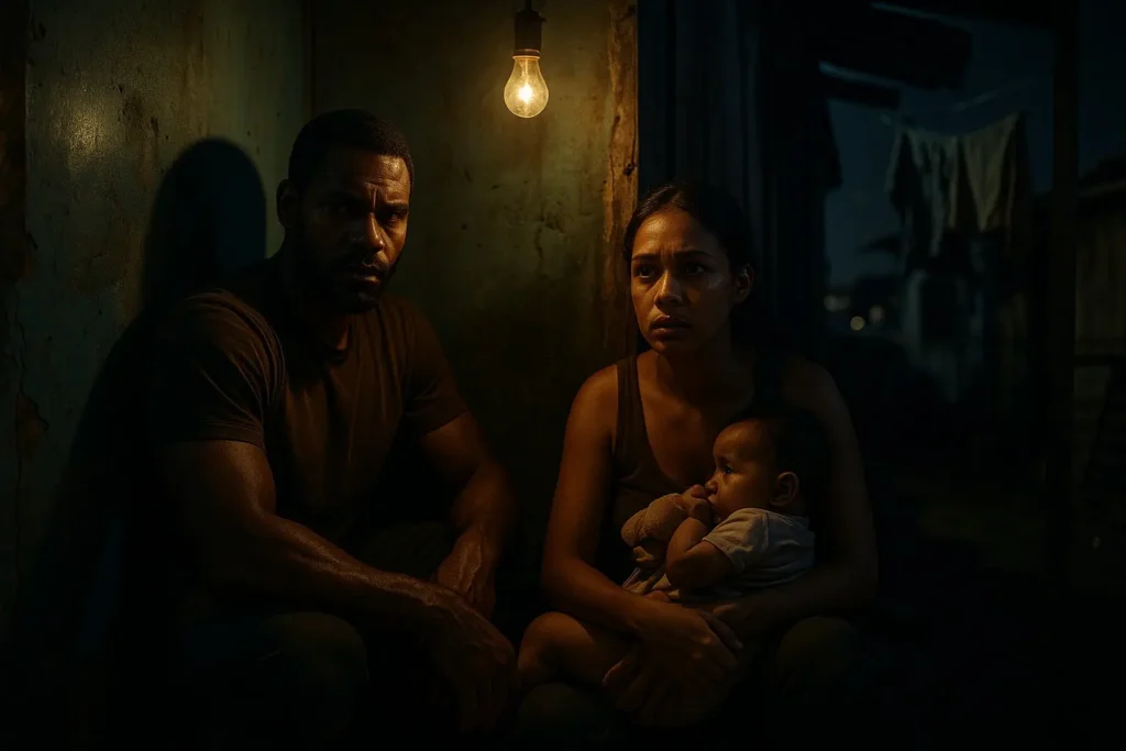 Um homem com olhar tenso e uma jovem mãe assustada segurando seu bebê estão sentados lado a lado em um cômodo escuro, iluminados por uma única lâmpada amarelada.