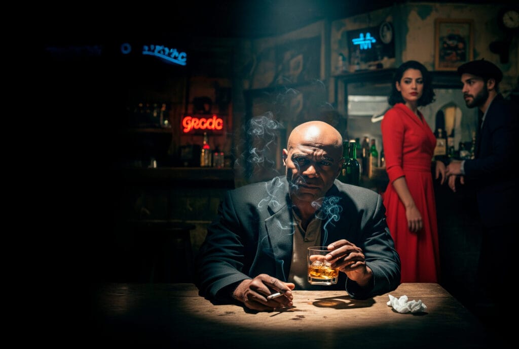 O escritor Robert, um homem negro e calvo, bebe uísque e fuma num bar escuro na Lapa, enquanto uma mulher de vestido vermelho e um homem de boina conversam ao fundo.