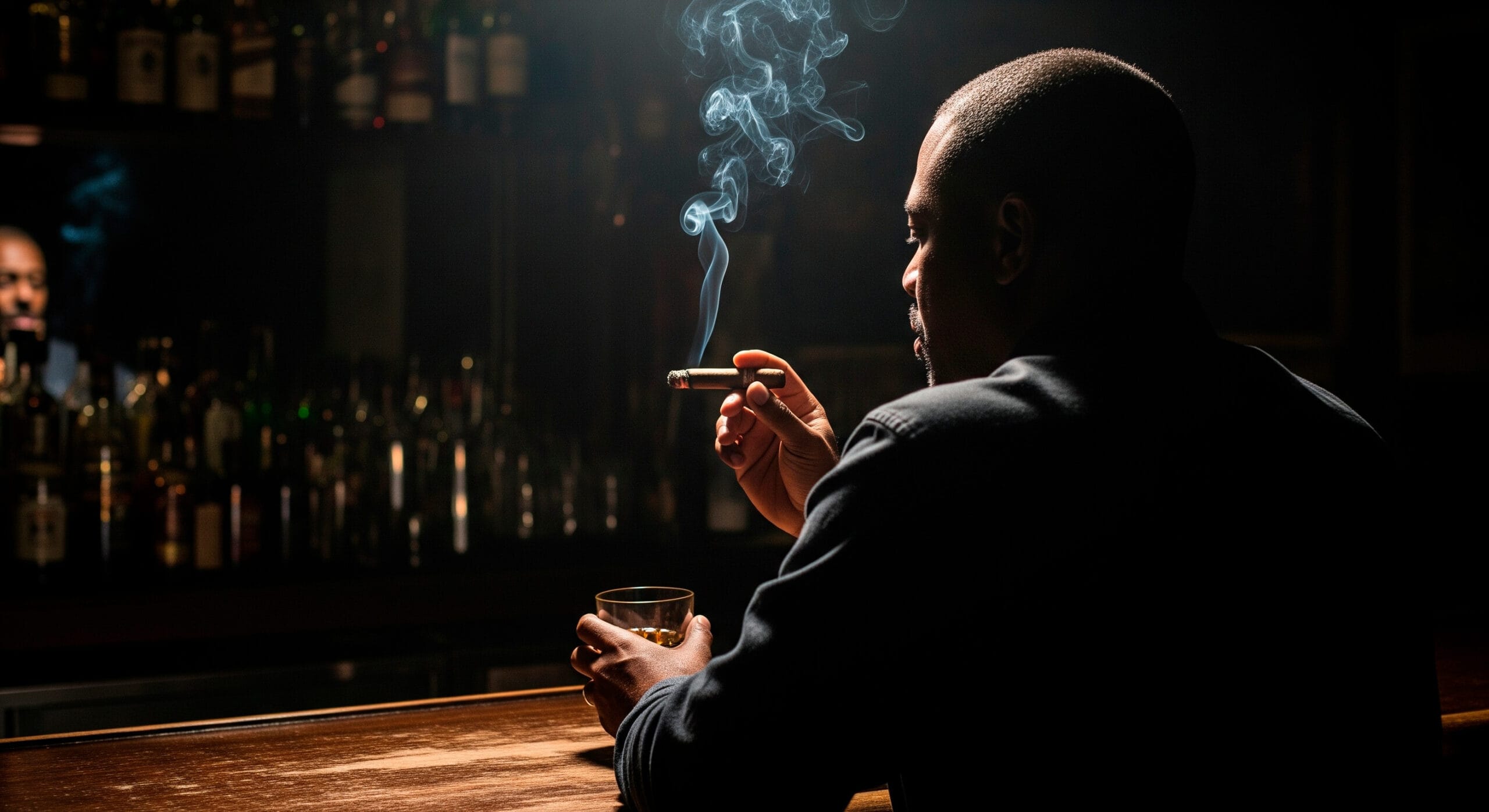 Interior de um bar clássico e vazio, com banquetas alinhadas em frente a um balcão de madeira e prateleiras iluminadas com diversas garrafas de bebida.
