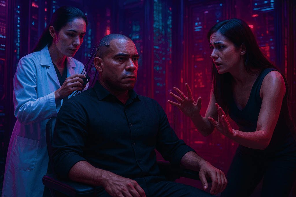 Homem sentado em uma cadeira de imersão enquanto uma assistente de jaleco aplica um dispositivo neural em sua cabeça, e uma segunda mulher o observa com apreensão em um ambiente cyberpunk.