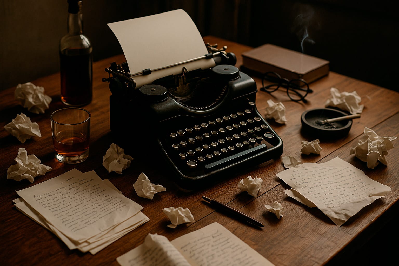 Mesa de escritor em tons quentes e escuros com máquina de escrever vintage, garrafa de bebida, copo, cinzeiro, óculos e muitos rascunhos amassados. A cena evoca a solidão e o esforço do processo criativo de um escritor.