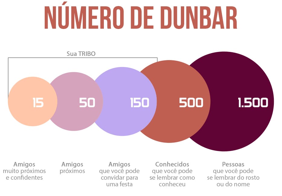 Infográfico explicando o Número de Dunbar, mostrando os círculos sociais de uma pessoa, desde os 5 amigos íntimos até os 1500 rostos que consegue reconhecer.