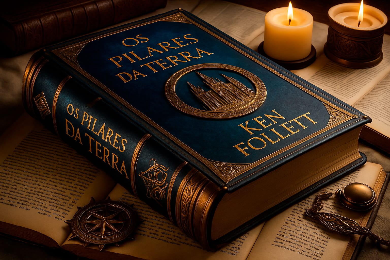 Livro "Os Pilares da Terra" de Ken Follett, com capa de couro azul e detalhes dourados, sobre uma mesa antiga à luz de velas, evocando um clima medieval.