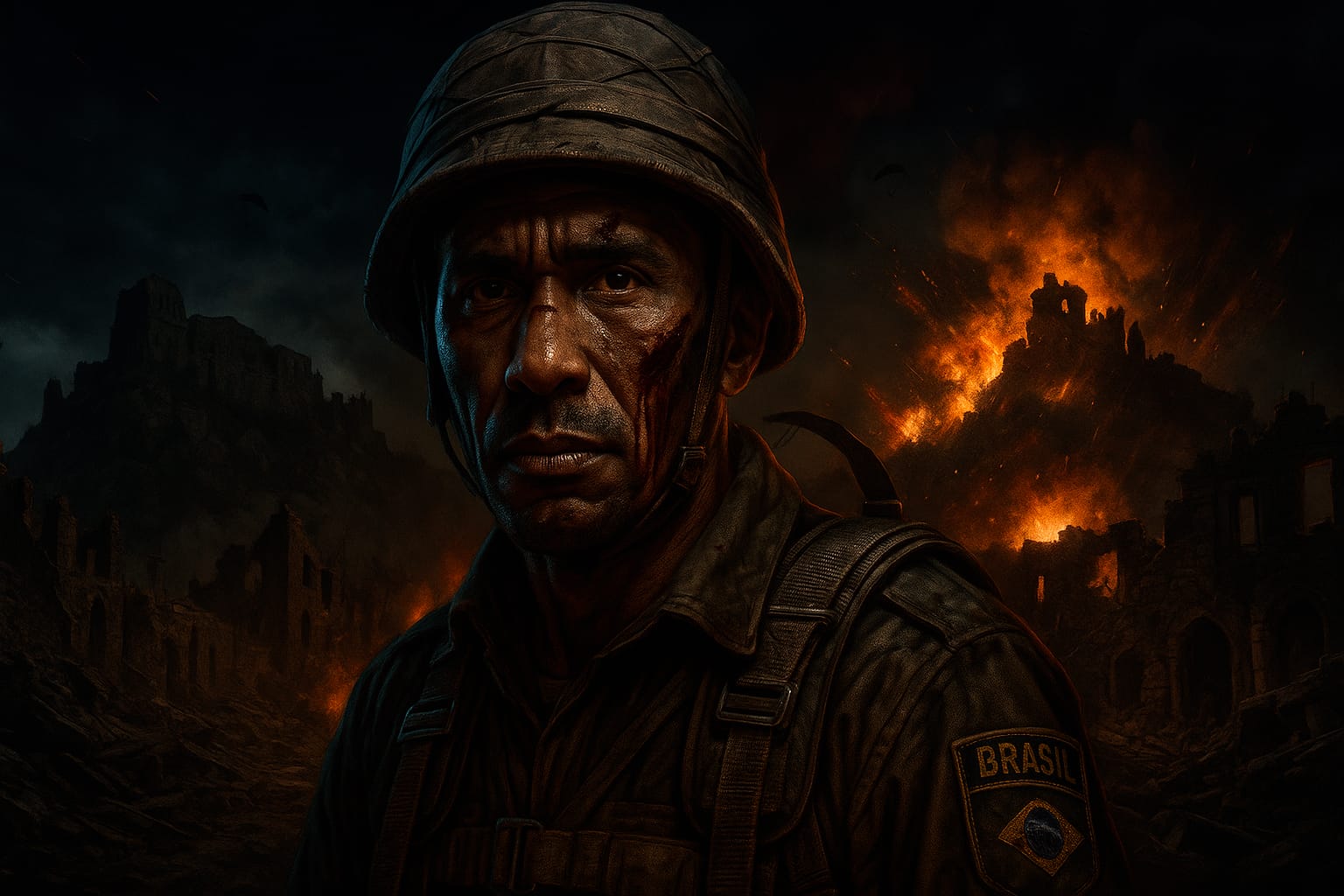 Soldado brasileiro da FEB, conhecido como "pracinha", com rosto sujo e ferido, em meio a uma batalha noturna na Segunda Guerra Mundial. Ao fundo, ruínas e uma grande explosão em Monte Castelo.