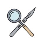 Ícone de uma lupa e um bisturi cruzados em forma de brasão, em estilo line art colorido, com fundo transparente.
