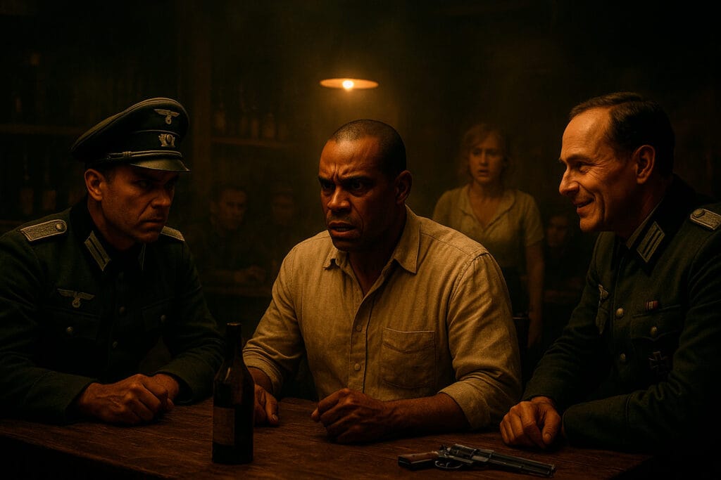 Pintura digital do conto 'Monte Castelo': um sargento brasileiro negro encara o espectador com expressão séria, sentado em um bar com um oficial alemão sorrindo ao seu lado e uma garçonete preocupada.