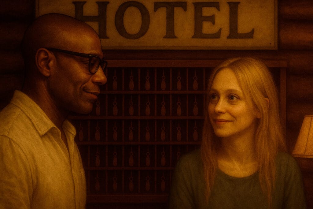 Um homem de pele escura e óculos interage com uma mulher loira e pálida na recepção de um hotel rústico sob uma placa escrita "HOTEL", em uma cena que evoca mistério e suspense do conto de terror "A Estrada para o Nada".