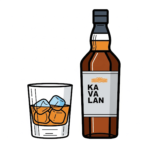 Ícone de um copo de uísque com gelo e uma garrafa de whisky Kavalan em estilo line art colorido, com fundo transparente.