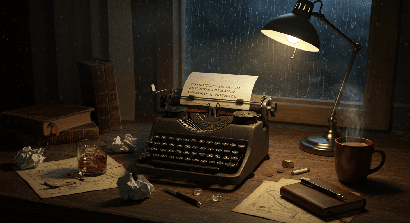 Máquina de escrever Underwood vintage em mesa de madeira, com o título "Estrutura de um Conto Sem Frescura: Do Soco ao Nocaute" no papel. Cenário de escrita noturna com chuva na janela, lampião verde, copo de uísque e papéis amassados. Ilustra a estrutura narrativa de contos.