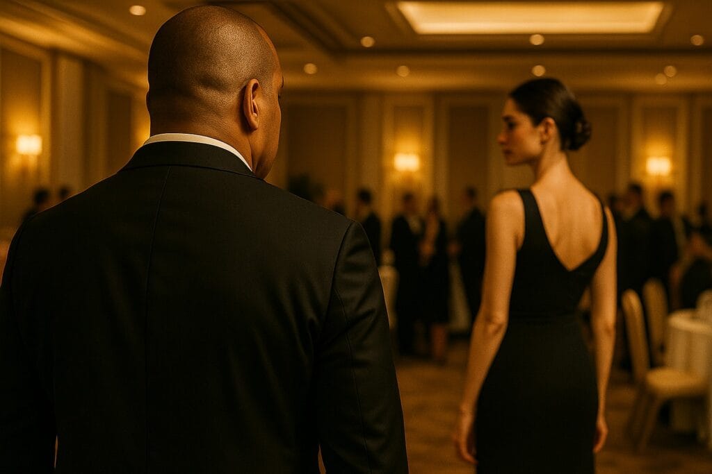 Homem de terno visto de costas observa mulher de vestido preto em uma festa de empresa, ilustrando a tensão de um conto erótico de traição.