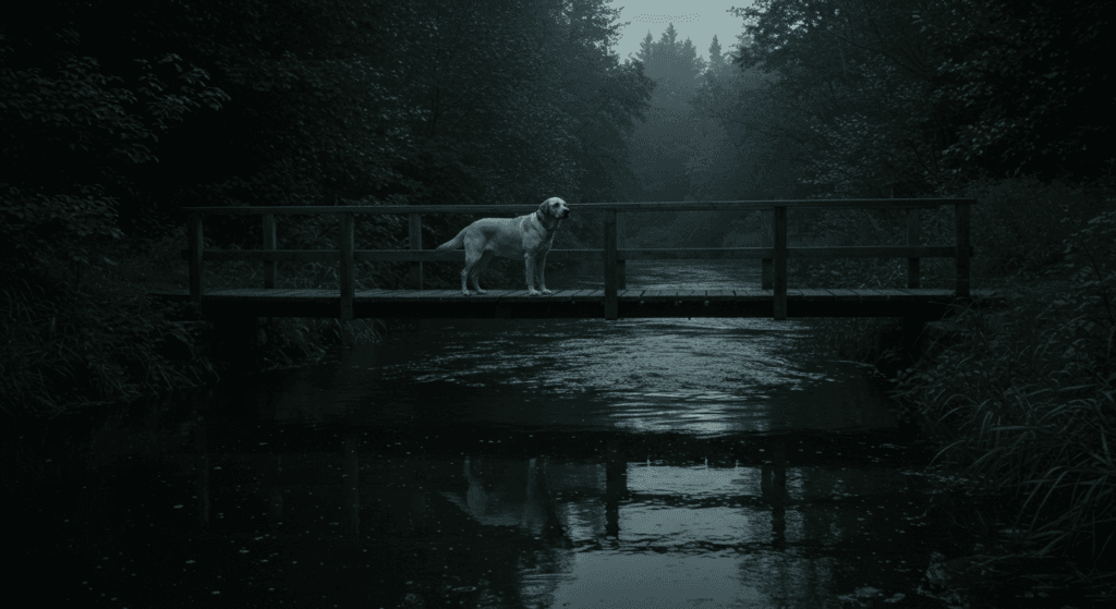 Ponte de madeira que leva a um rio escuro ao entardecer, simbolizando o destino final do cão no conto trágico "Um Cão Chamado Ninguém".
