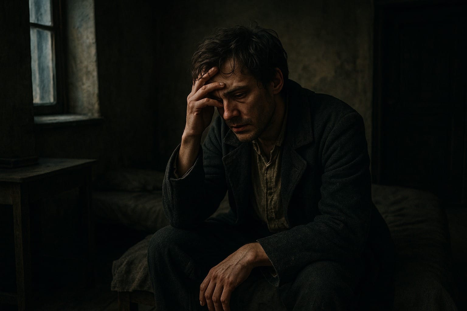 Imagem fotorrealista de Raskolnikov em seu quarto sombrio, atormentado pela culpa após o crime, representando a angústia psicológica de Crime e Castigo.