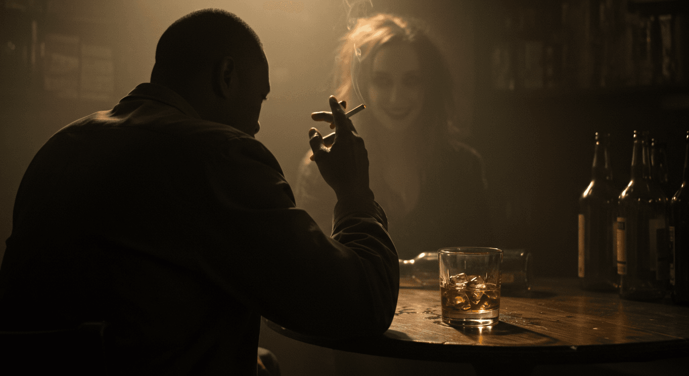 Homem fumando um cigarro em um bar escuro com copo de uísque, uma mulher borrada no fundo.