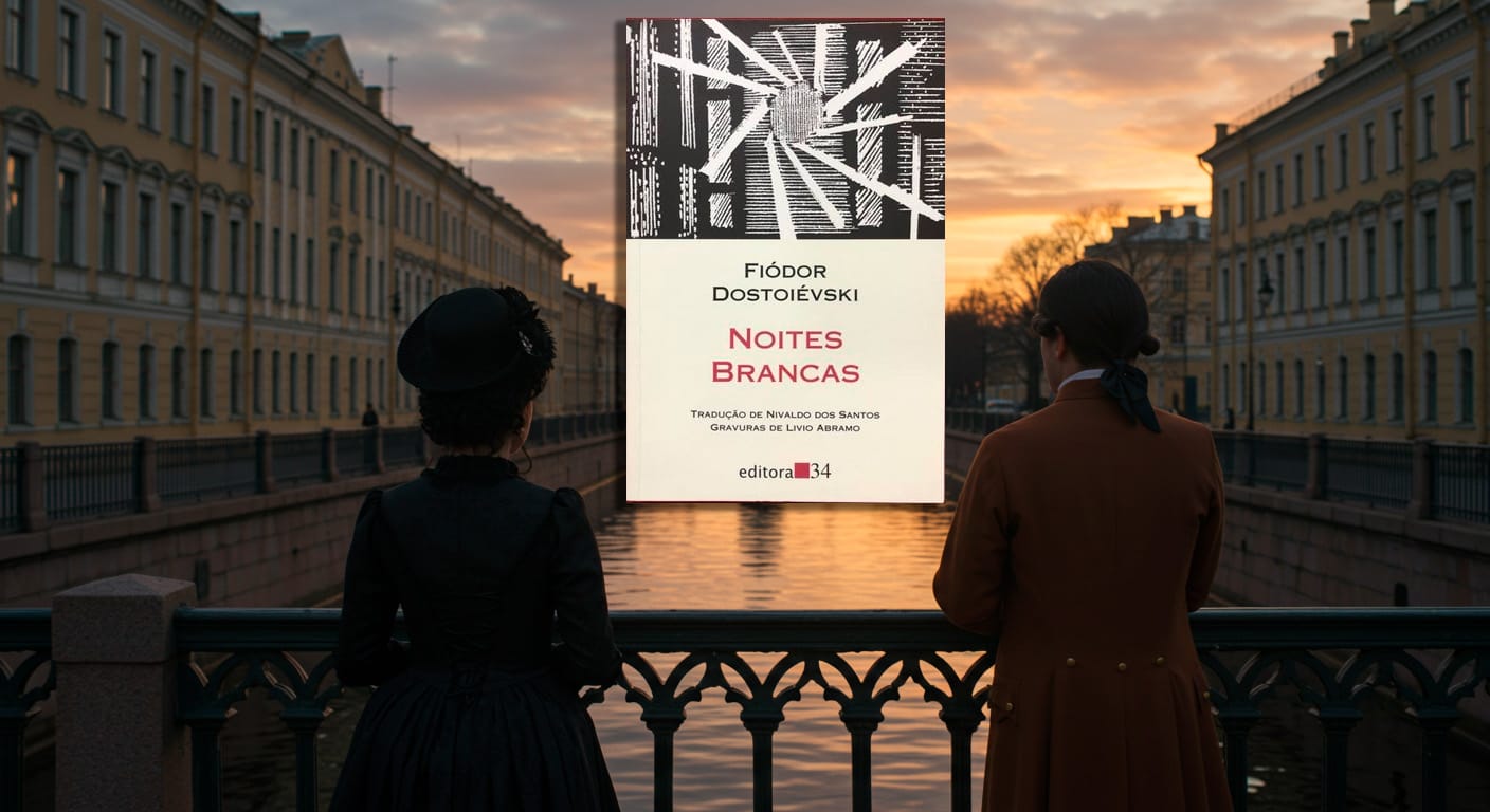 Capa do livro Noites Brancas de Fiodor Dostoievski sobreposta a uma cena de casal na ponte de São Petersburgo ao pôr do sol.