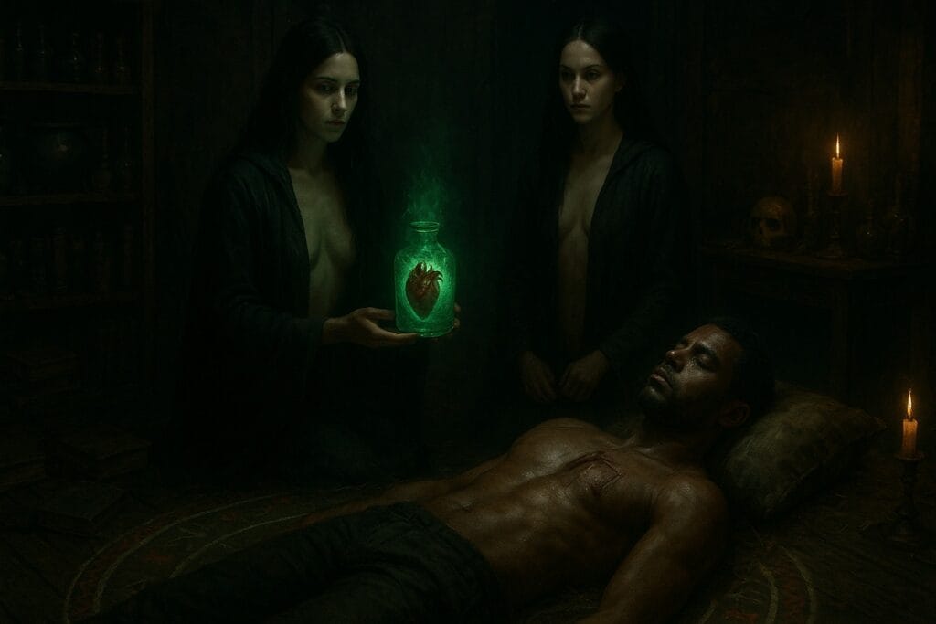 Cena ritualística gótica: homem deitado em círculo, duas mulheres seguram frasco com coração verde-esmeralda.