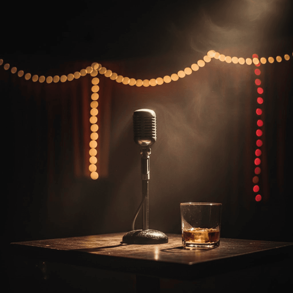 Um microfone solitário em um palco de bar escuro, com um copo de bebida ao lado.