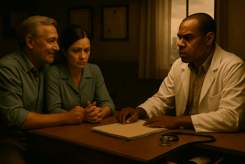 Dr. Robert, a esposa preocupada e o marido esperançoso sentados em um consultório médico durante a revelação de exames.