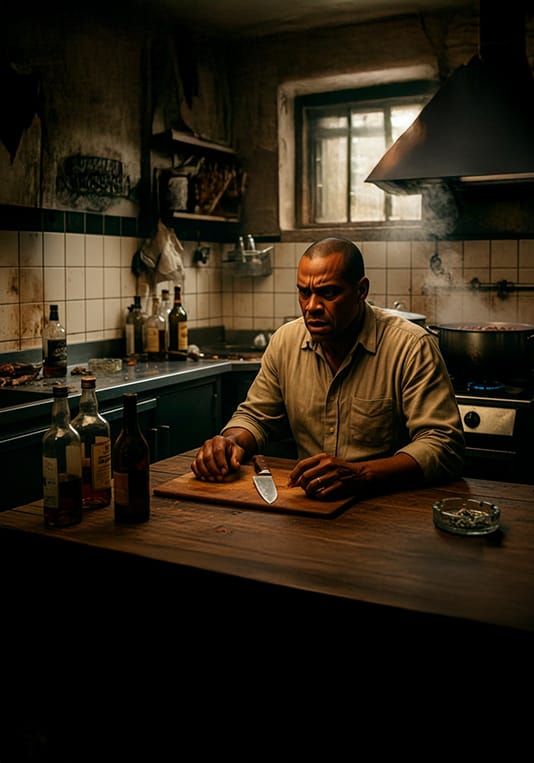 O homem na cozinha sombria, sentado à mesa com a faca