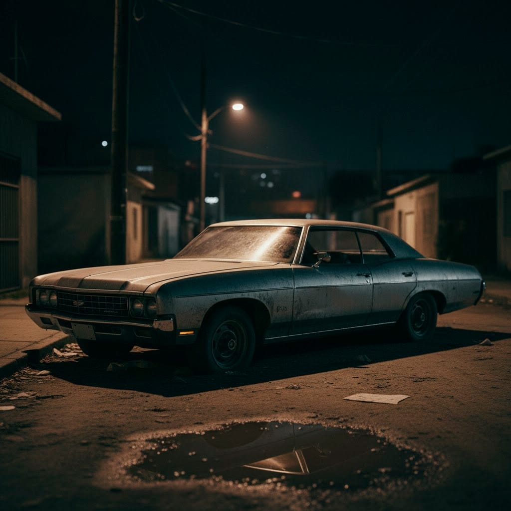 Um carro antigo e amassado, abandonado em uma rua suburbana mal iluminada à noite.
