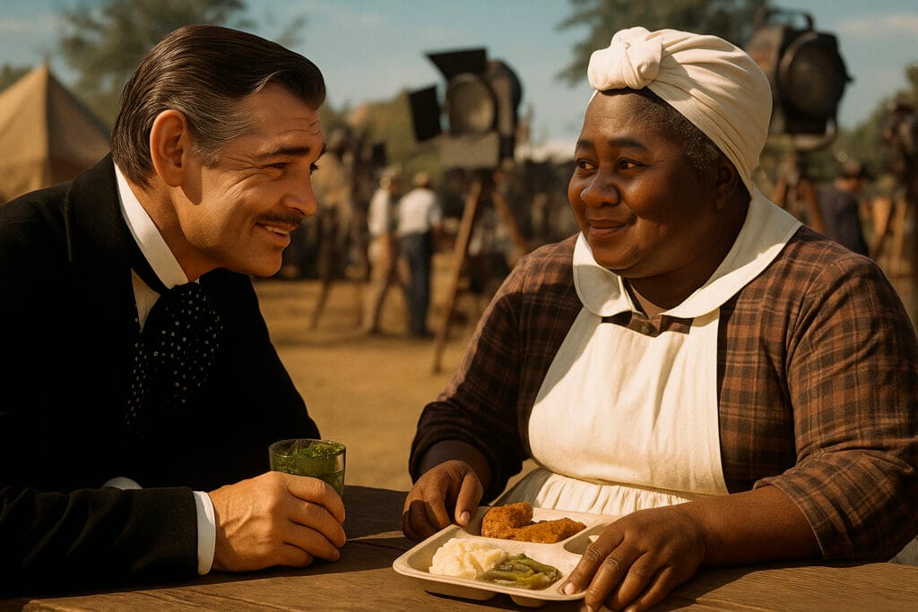 Hattie McDaniel (Mammy) ajudando Vivien Leigh (Scarlett O'Hara) a se vestir em uma cena do filme "...E o Vento Levou".