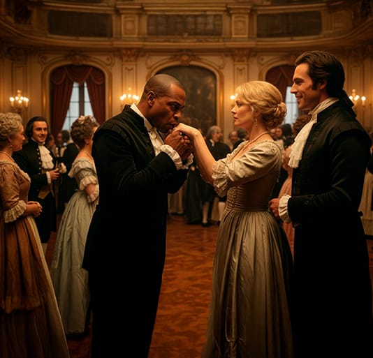 Robert no baile de gala, beijando a mão da dama - que representa seu passado gótico