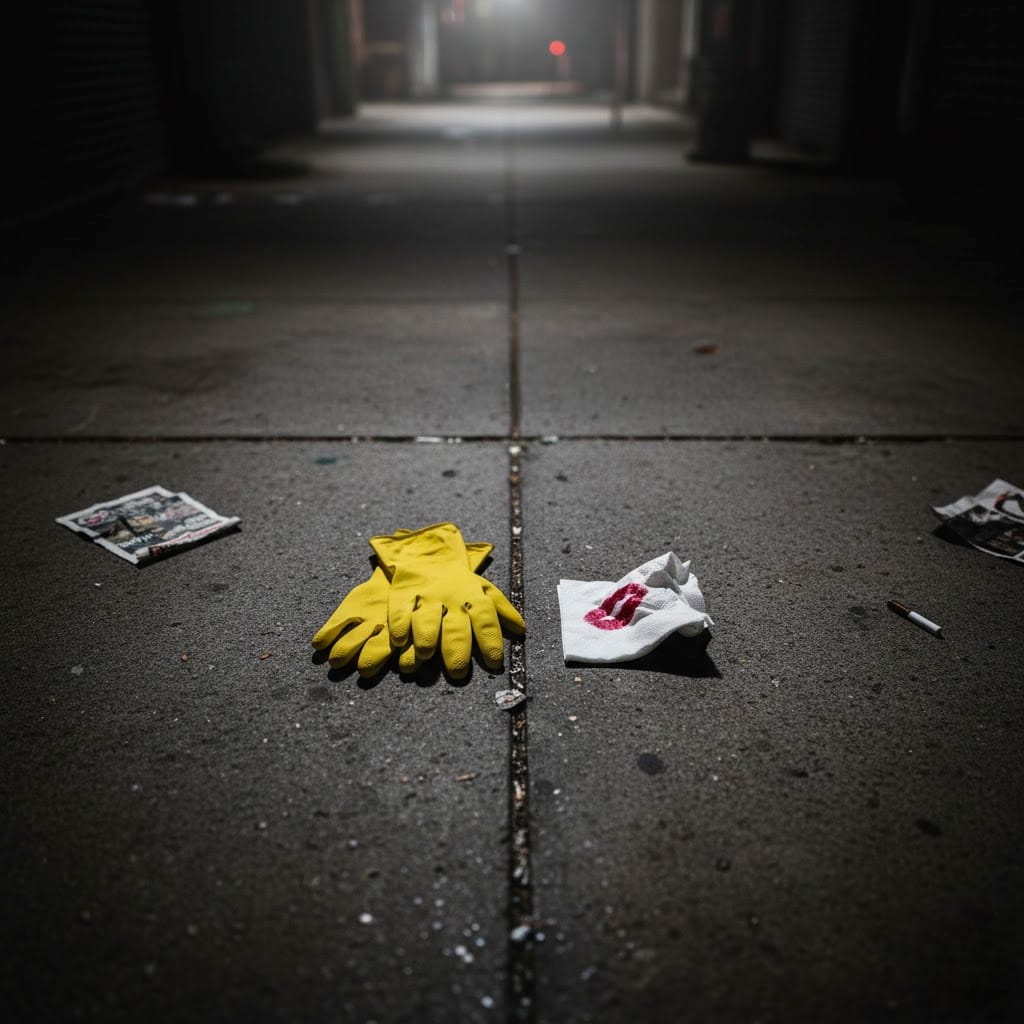 Um par de luvas de borracha ao lado de um guardanapo com uma marca de batom no chão de uma calçada.