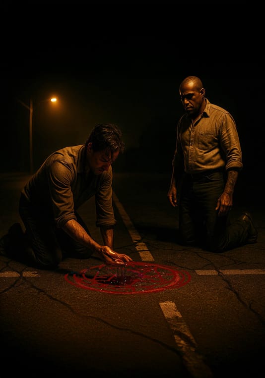 Dois homens ajoelhados em uma encruzilhada escura, um deles derramando sangue em um círculo