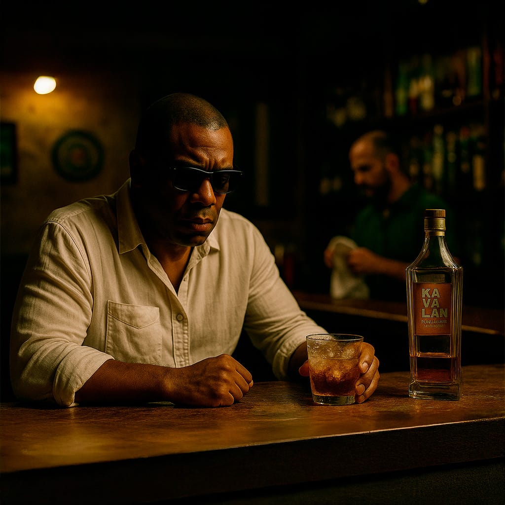 O personagem Robert tomando um Whisky em um bar decadente