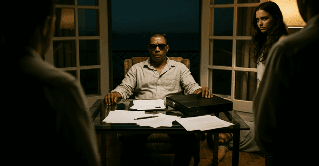 Robert (homem de óculos escuros sentado à mesa) em um encontro tenso com mafiosos, enquanto Lorena (mulher de cabelo escuro em pé ao fundo) observa, em um apartamento com vista para o mar à noite.