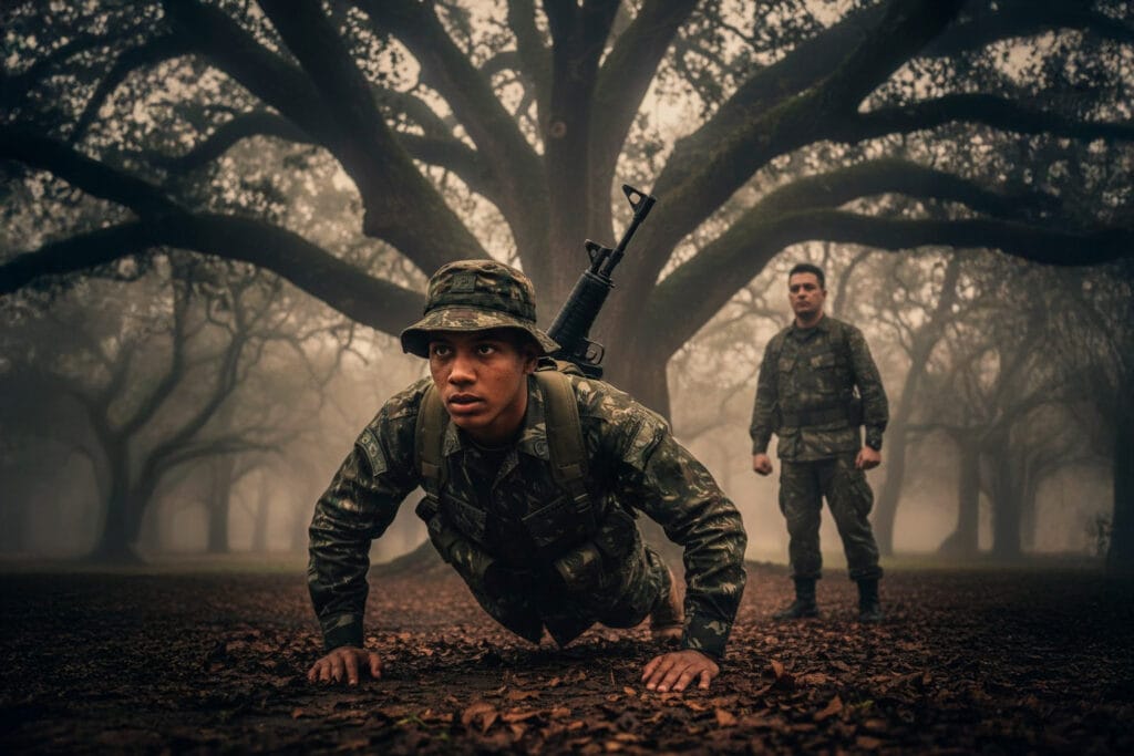 Jovem recruta da Aeronáutica fazendo flexões na lama sob a supervisão de um sargento, com um carvalho gigante e denso ao fundo em uma madrugada chuvosa e fria.