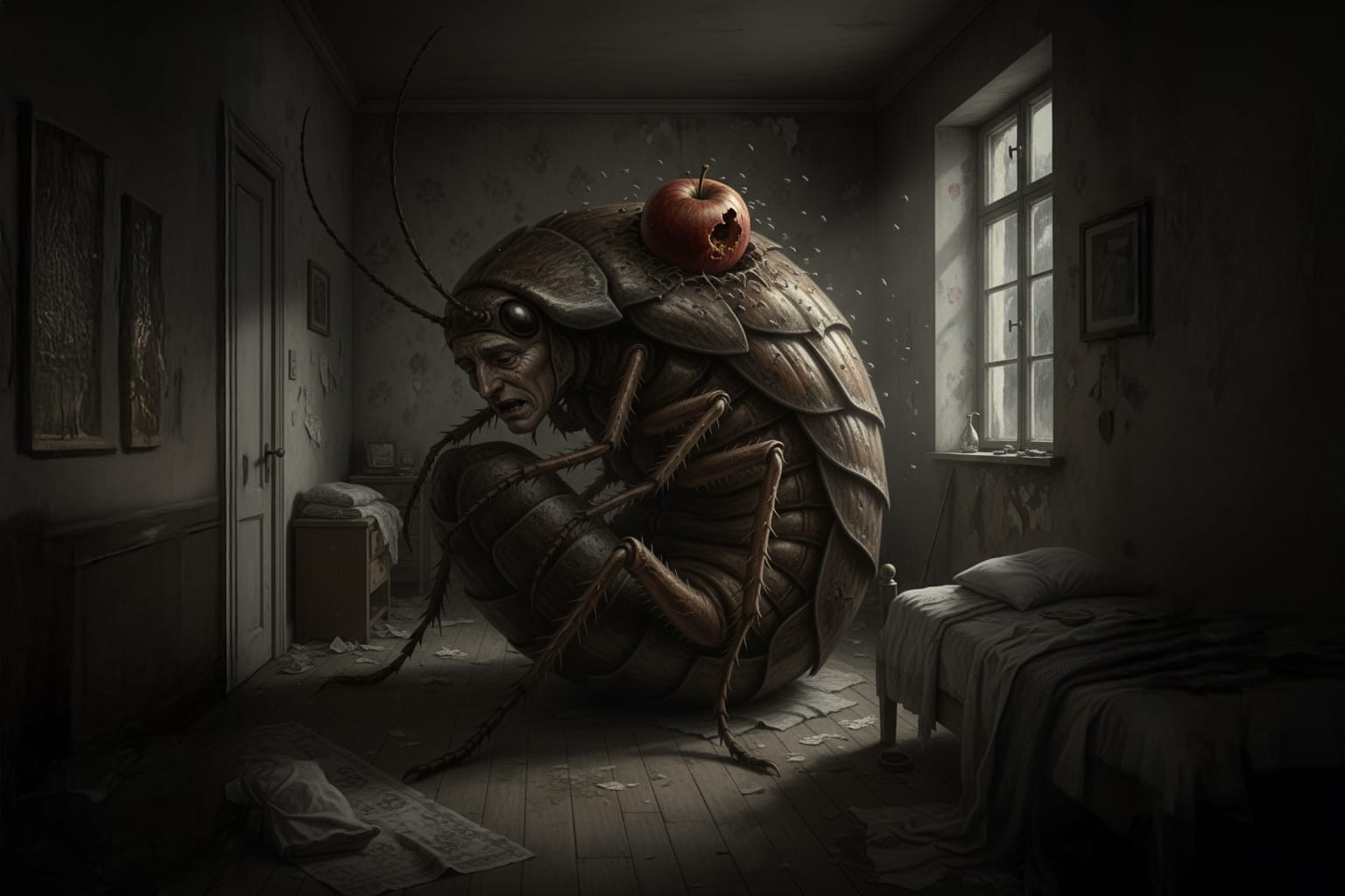 Imagem fotorrealista de Gregor Samsa como um inseto monstruoso, encolhido em um quarto escuro e decadente, com uma maçã podre alojada em suas costas.