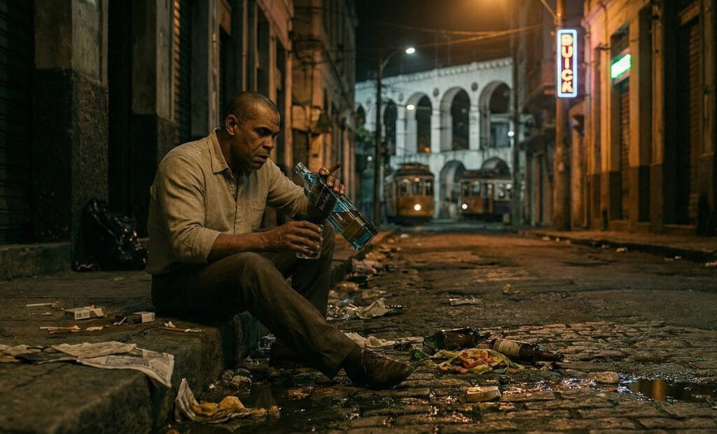 Um homem de meia-idade, o protagonista Robert, sentado no meio-fio de uma rua suja e escura na Lapa, Rio de Janeiro, à noite. Ele segura uma garrafa de uísque Johnnie Walker Blue Label e um copo. O chão está cheio de lixo. Ao fundo, os Arcos da Lapa iluminados e um bonde antigo passam. A cena tem uma estética noir e cinematográfica.