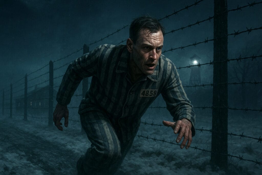 Witold Pilecki, vestindo uniforme de prisioneiro listrado (número 4859), corre agachado durante sua fuga noturna de Auschwitz, com uma torre de vigia ao fundo.