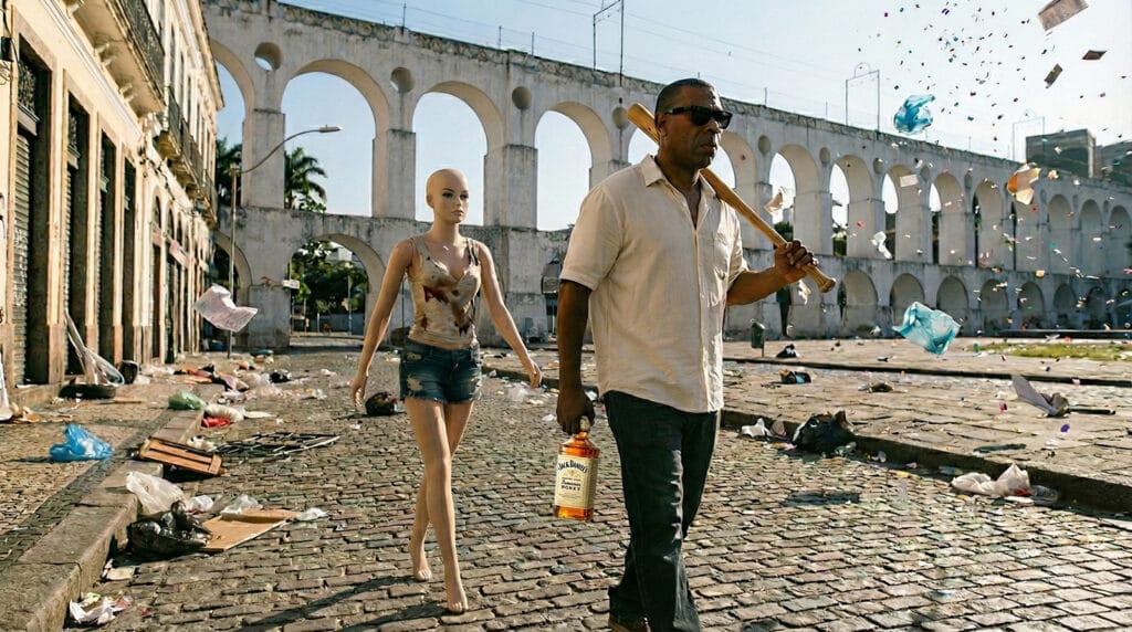 Homem com expressão tensa segurando um taco de beisebol ao lado de um manequim de plástico em uma rua deserta, ilustrando o conto "O Rei da Lapa de Vidro