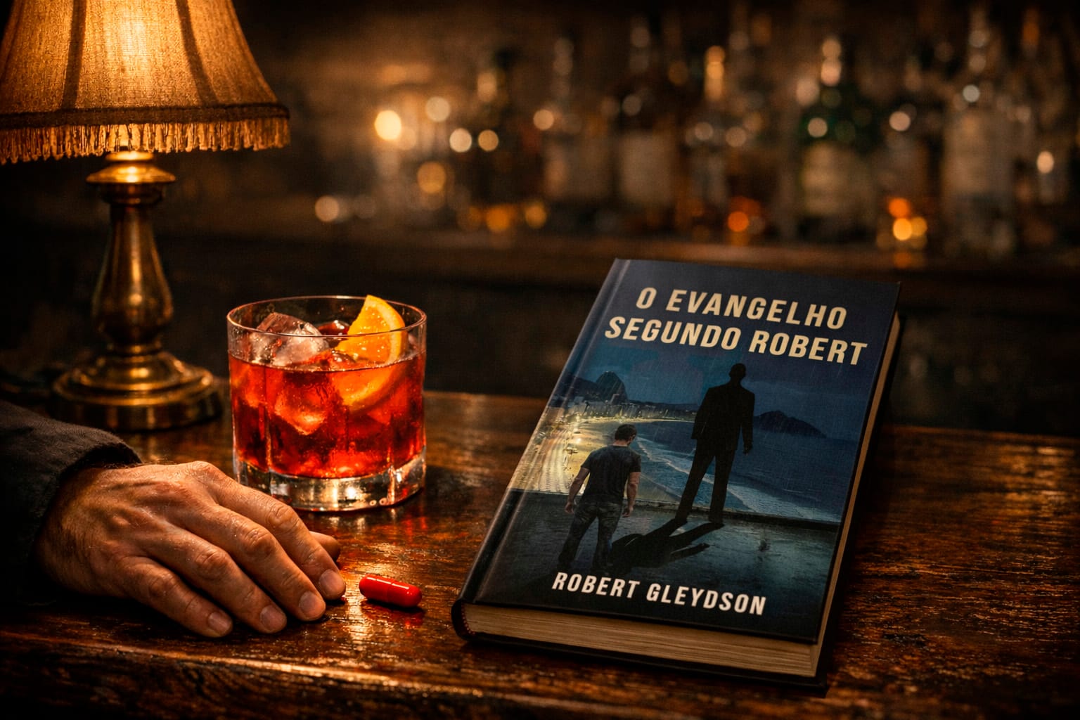 Livro O Evangelho Segundo Robert sobre balcão de bar ao lado de drink Campari e pílula vermelha red pill sob iluminação dramática.
