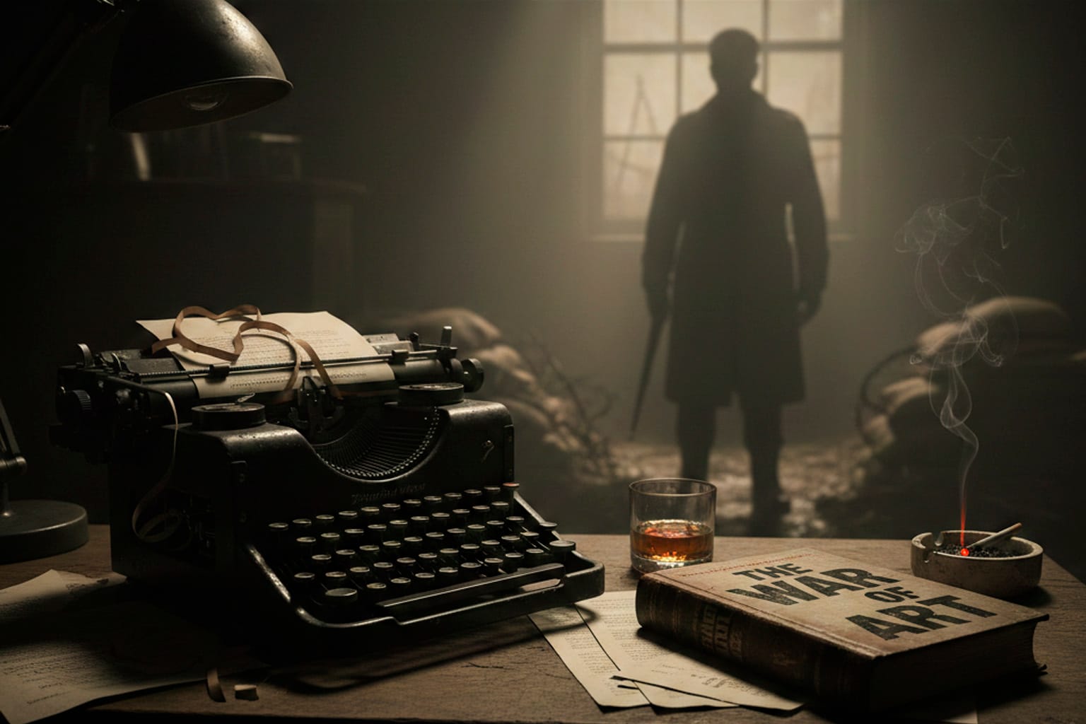 Uma máquina de escrever antiga em uma mesa de madeira ao lado do livro "The War of Art", com uma silhueta misteriosa ao fundo em um ambiente esfumaçado.
