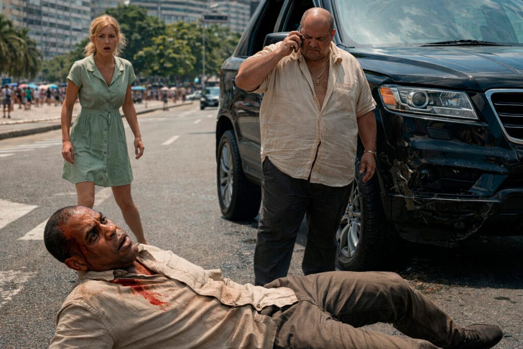 Cena dramática de atropelamento em rua ensolarada de Copacabana, Rio de Janeiro. Um homem mais velho (personagem Robert) está caído no asfalto à frente de um SUV Mercedes preto. O motorista, um homem com camisa de linho aberta e corrente de ouro, gesticula irritado segurando um celular. Uma mulher de vestido verde observa a cena chocada da calçada, enquanto transeuntes filmam com smartphones.