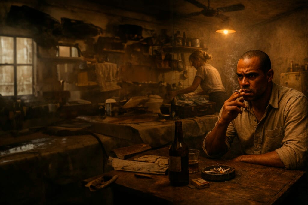 Homem tenso fumando cigarro em cozinha escura e decadente enquanto mulher arruma mala ao fundo em cena dramática ambientada em Copacabana.