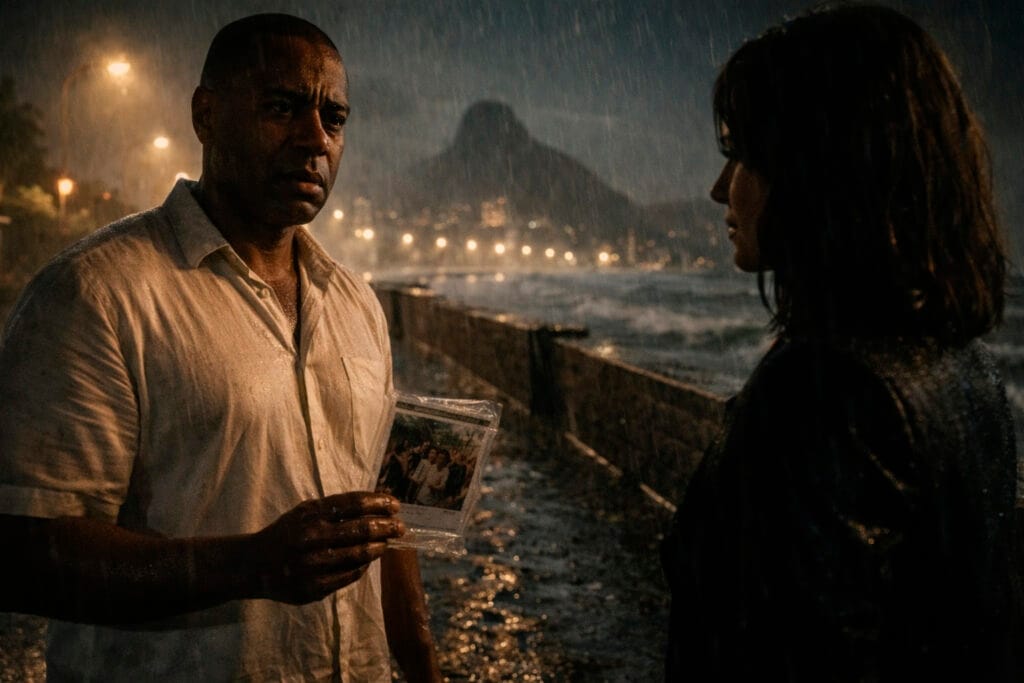 Homem de meia-idade (Robert) sentado de costas em um balcão de bar decadente no Rio de Janeiro, observando através da porta aberta uma mulher se afastar sob chuva intensa à noite.