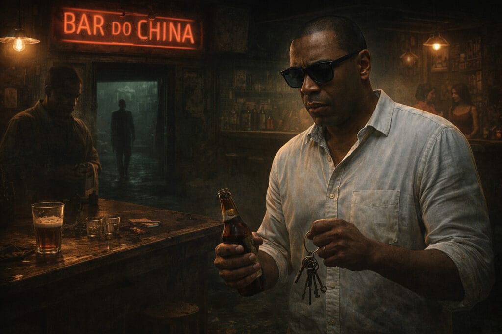 Robert, um homem de cabelo grisalho e barba (conforme referência visual), sentado em um balcão de madeira desgastada no 'Bar do China', um boteco noir e mal iluminado no Rio de Janeiro. Ele estende a mão para receber um molho de chaves pesadas e enferrujadas que o dono do bar, Juvenal, um homem de aparência paraense em um avental, lhe entrega. Ao fundo, personagens misteriosos — um homem de terno de linho e uma mulher de vestido vermelho — observam na penumbra. Há garrafas de cerveja 'Antárctica' sobre o balcão. A luz é quente, sombria e existencial.