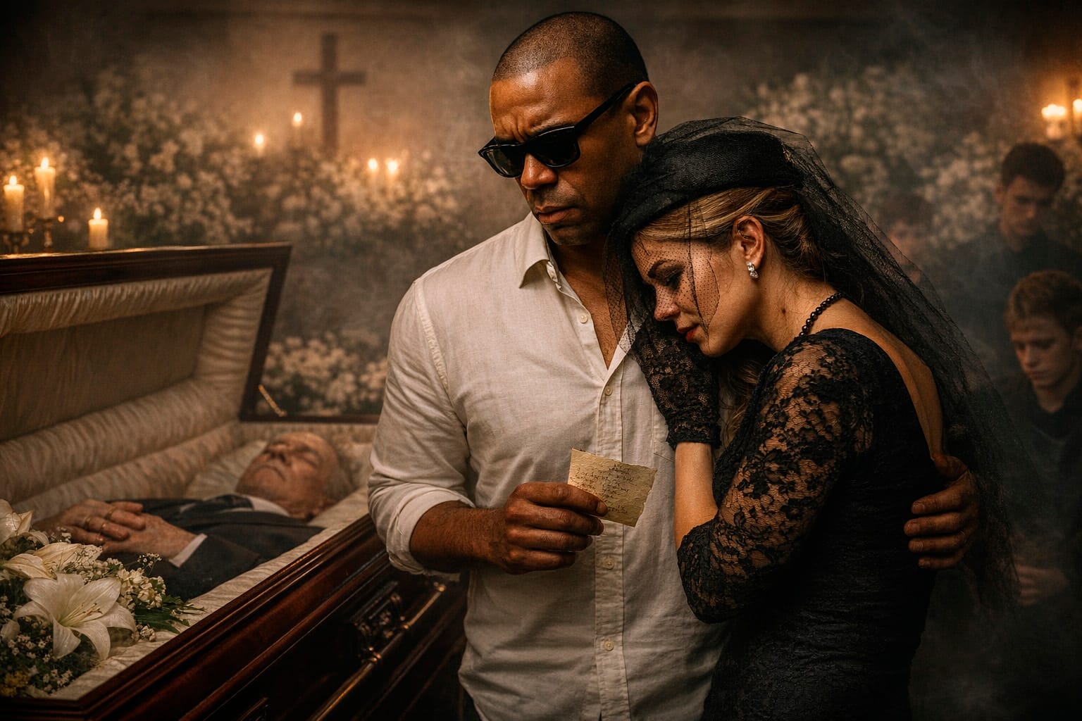 Robert (homem de terno e óculos) em primeiro plano num velório em Botafogo, com Arlete (viúva de véu preto) chorando ao fundo. Cena do conto A Viúva da Rua da Passagem.