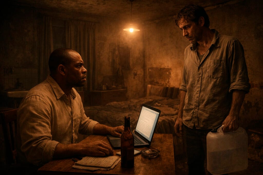 Homem de terno, gravata e óculos com expressão de cansaço e preocupação, representando Robert, o protagonista ghostwriter do conto O Cobrador de Sorrisos.