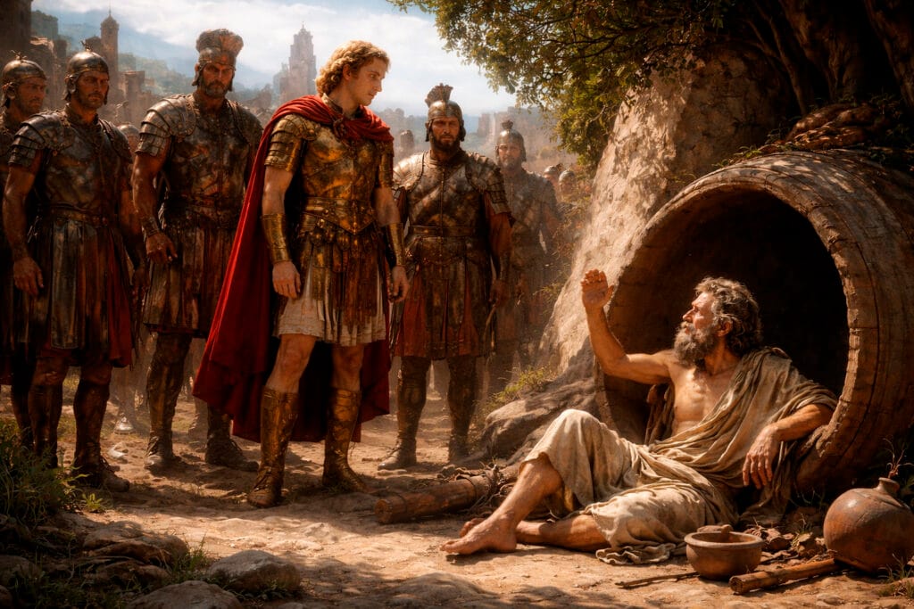 Reconstituição histórica fotorrealista do encontro entre o filósofo Diógenes e Alexandre, o Grande. Robert, um homem de barba grisalha e expressão séria, aparece integrado como um dos soldados da guarda macedónia. Diógenes está sentado junto a um barril, pedindo a Alexandre que não tape o sol.