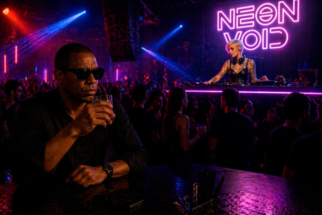 Homem de óculos escuros observando a pista em uma boate neon enquanto DJ feminina comanda o som ao fundo